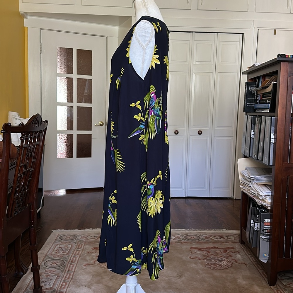 Vintage Midnight Blue Tropical Bird Print Sleeveless Dress Size 18 - Picture 7 of 11